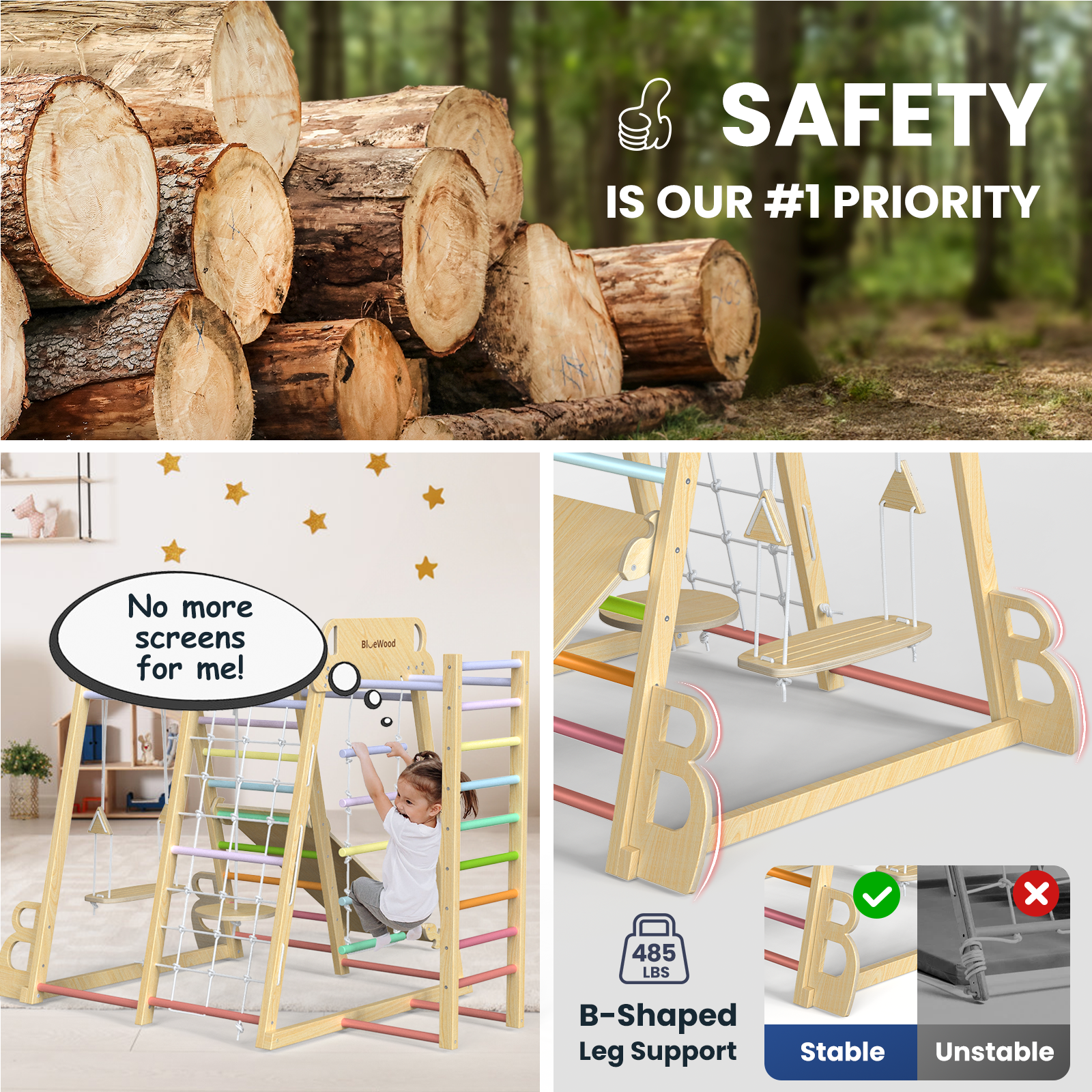 Safari Land - Juegos de columpios para gimnasios de jungla de interior BlueWood® *Arcoíris